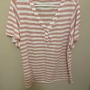 Lane Bryant Pink and White Striped V-Neck Top